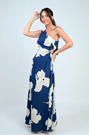 Kadın Tek Omuz Yandan Pencereli Büyük Yaprak Desenli Uzun Krep Saten Elbise