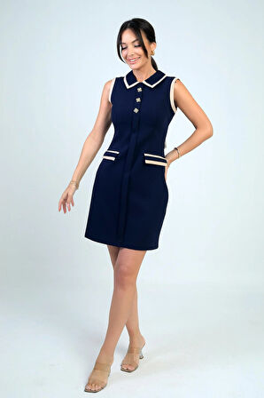 Kadın Metal Düğme Detaylı Garni Biyeli Kısa Elbise