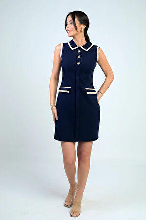 Kadın Metal Düğme Detaylı Garni Biyeli Kısa Elbise