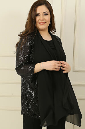 Kadın İçi Kolsuz Bluz Şal Yaka Şifon Detaylı Pulpayet Ceket Büyük Beden  2 'li Takım