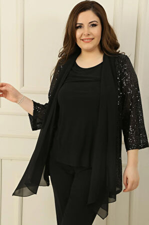 Kadın İçi Kolsuz Bluz Şal Yaka Şifon Detaylı Pulpayet Ceket Büyük Beden  2 'li Takım