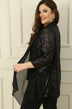 Kadın İçi Kolsuz Bluz Şal Yaka Şifon Detaylı Pulpayet Ceket Büyük Beden  2 'li Takım