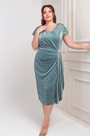 Kadın Ön Arka V Yaka Beli Taş Detaylı Astarlı Simli Sandy Kumaş Büyük Beden Midi Elbise