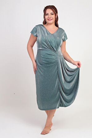 Kadın Ön Arka V Yaka Beli Taş Detaylı Astarlı Simli Sandy Kumaş Büyük Beden Midi Elbise