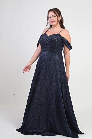 Kadın İp Askılı Arkası Bağcıklı Göğüs Drapeli Astarlı Balenli Büyük Beden Simli Elbise