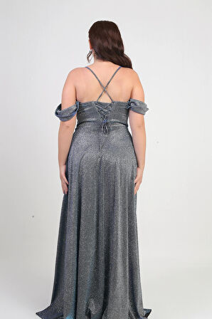 Kadın İp Askılı Arkası Bağcıklı Göğüs Drapeli Astarlı Balenli Büyük Beden Simli Elbise