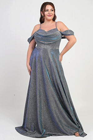 Kadın İp Askılı Arkası Bağcıklı Göğüs Drapeli Astarlı Balenli Büyük Beden Simli Elbise