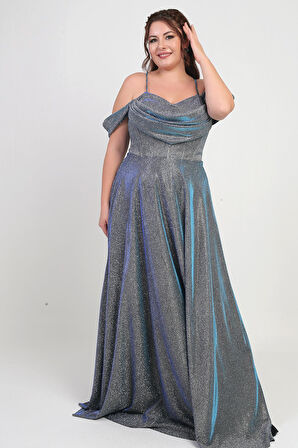 Kadın İp Askılı Arkası Bağcıklı Göğüs Drapeli Astarlı Balenli Büyük Beden Simli Elbise