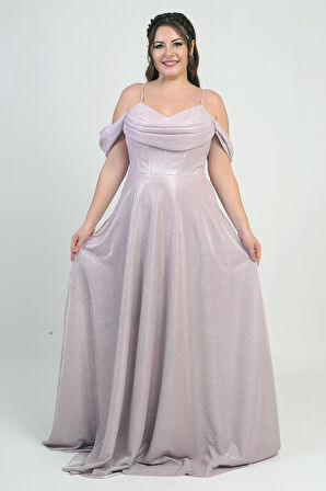 Kadın İp Askılı Arkası Bağcıklı Göğüs Drapeli Astarlı Balenli Büyük Beden Simli Elbise