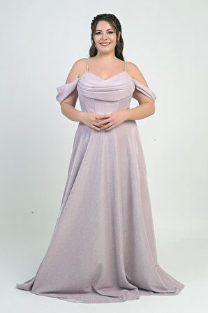 Kadın İp Askılı Arkası Bağcıklı Göğüs Drapeli Astarlı Balenli Büyük Beden Simli Elbise