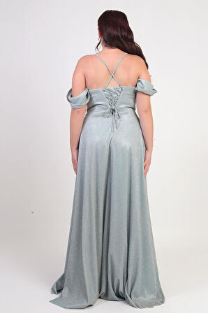 Kadın İp Askılı Arkası Bağcıklı Göğüs Drapeli Astarlı Balenli Büyük Beden Simli Elbise