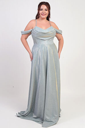 Kadın İp Askılı Arkası Bağcıklı Göğüs Drapeli Astarlı Balenli Büyük Beden Simli Elbise