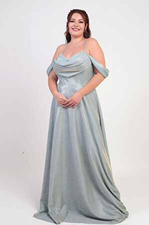 Kadın İp Askılı Arkası Bağcıklı Göğüs Drapeli Astarlı Balenli Büyük Beden Simli Elbise