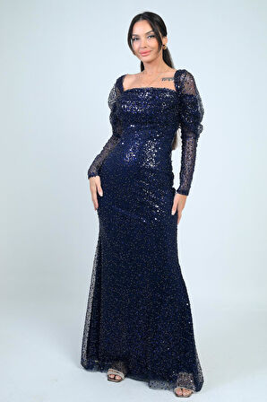 Kadın Uzun Kollu PulPayet Göğüs Drapeli Astarlı Tasarım Elbise