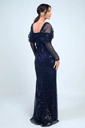 Kadın Uzun Kollu PulPayet Göğüs Drapeli Astarlı Tasarım Elbise