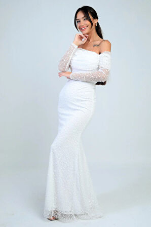 Kadın Uzun Kollu PulPayet Göğüs Drapeli Astarlı Tasarım Elbise