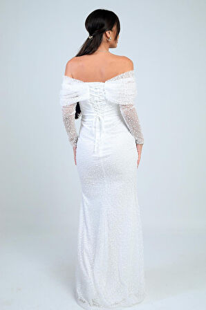 Kadın Uzun Kollu PulPayet Göğüs Drapeli Astarlı Tasarım Elbise