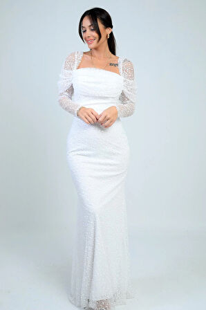 Kadın Uzun Kollu PulPayet Göğüs Drapeli Astarlı Tasarım Elbise