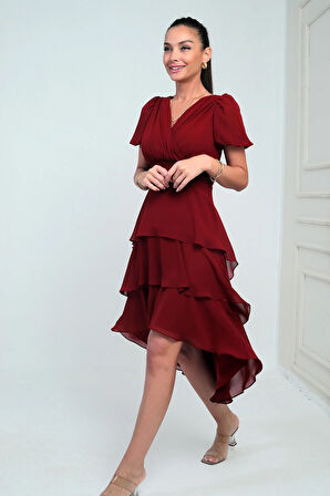 Kadın Kruvaze Yaka Arkası Fermuarlı Katkat Pileli Şifon Elbise