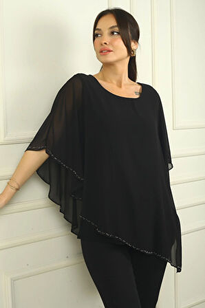 Kadın Üstü Şifon Boncuklu Asimetrik Bluz