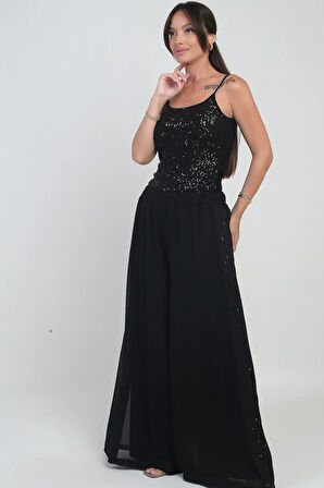 Kadın Beli Lastikli Yanı Pulpayet Şeritli Astarlı Palazzo Şifon Pantolon