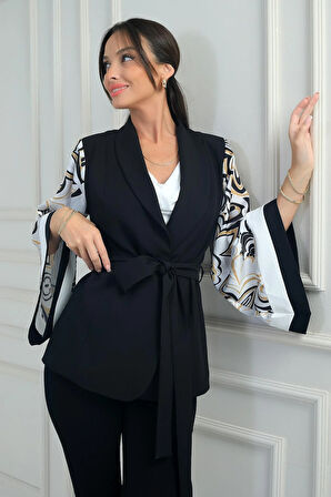 Kadın Kruvaze Yaka Beli Kuşaklı Kollar İspanyol Desenli Saten İçi Astarlı Ceket