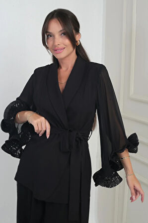 Kadın Kruvaze Yaka Beli Kuşaklı Astarlı Şifon Kol Ucu Pulpayet Volan Tasarım Ceket