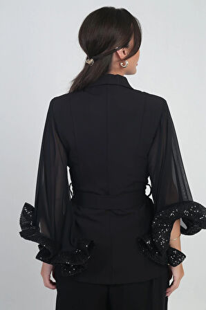 Kadın Kruvaze Yaka Beli Kuşaklı Astarlı Şifon Kol Ucu Pulpayet Volan Tasarım Ceket