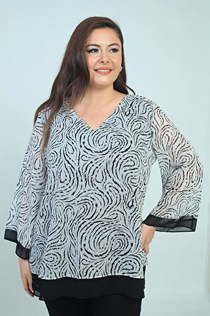 Kadın V Yaka Desenli Büyük Beden Şifon Bluz