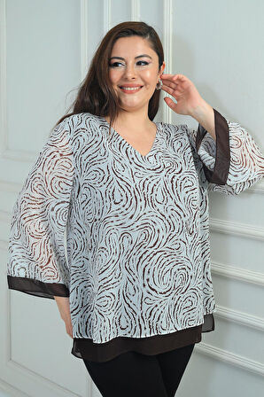 Kadın V Yaka Desenli Büyük Beden Şifon Bluz