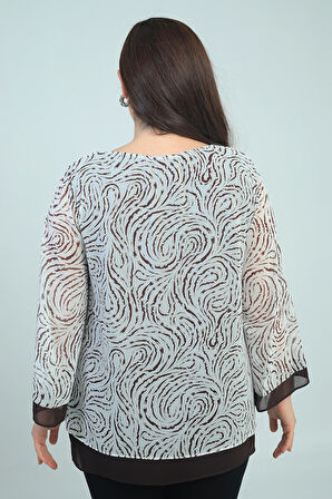 Kadın V Yaka Desenli Büyük Beden Şifon Bluz