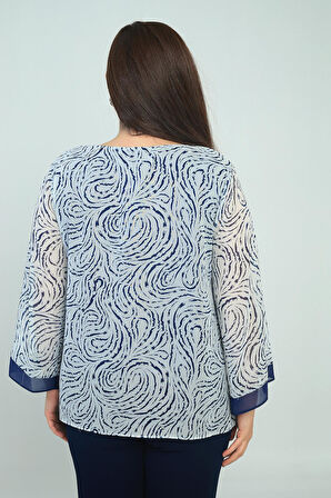 Kadın V Yaka Desenli Büyük Beden Şifon Bluz