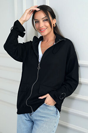 Kadın Önü Fermuarlı Kargo Cepli Toka Detaylı Osyho Kumaş Hırka