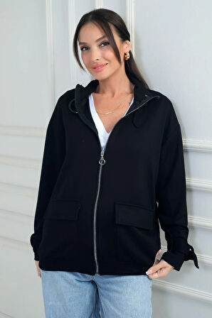 Kadın Önü Fermuarlı Kargo Cepli Toka Detaylı Osyho Kumaş Hırka