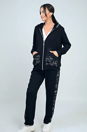 Kadın Kapüşonlu Önü Fermuarlı Cepleri Taşlı File Detaylı Hırka Beli Lastikli Pantolon Yazılı Osyho Kumaş 2'li Takım