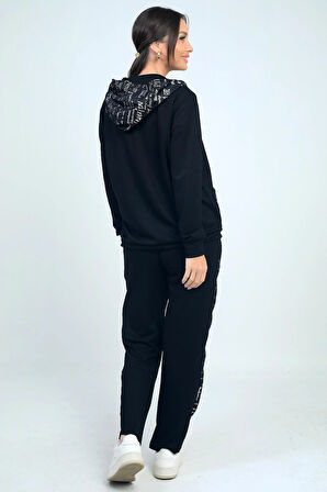 Kadın Kapüşonlu Önü Fermuarlı Cepleri Taşlı File Detaylı Hırka Beli Lastikli Pantolon Yazılı Osyho Kumaş 2'li Takım