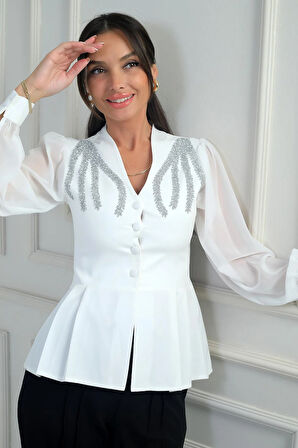 Kadın Omzu Taş İşleme Detaylı Kolları Ve Eteği Şifon Tasarım Bluz