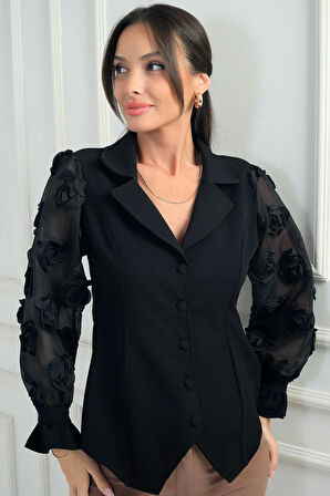 Kadın Önü Düğmeli Kolları Organze 3 Boyut Çiçekli Tasarim Bluz