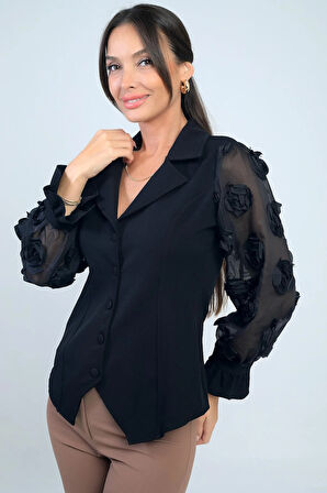 Kadın Önü Düğmeli Kolları Organze 3 Boyut Çiçekli Tasarim Bluz