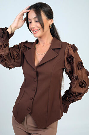 Kadın Önü Düğmeli Kolları Organze 3 Boyut Çiçekli Tasarim Bluz
