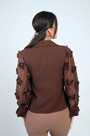 Kadın Önü Düğmeli Kolları Organze 3 Boyut Çiçekli Tasarim Bluz