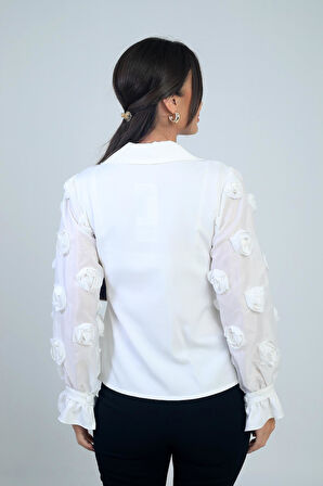 Kadın Önü Düğmeli Kolları Organze 3 Boyut Çiçekli Tasarim Bluz