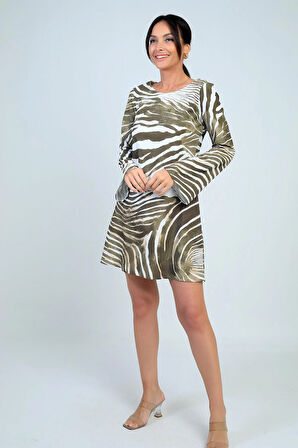 Kadın Yuvarlak Yaka Zebra Desenli İspanyol Kol Astarlı Kısa Elbise