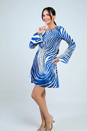 Kadın Yuvarlak Yaka Zebra Desenli İspanyol Kol Astarlı Kısa Elbise