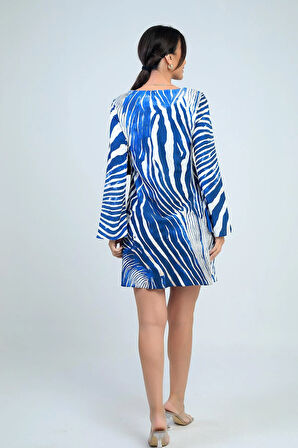 Kadın Yuvarlak Yaka Zebra Desenli İspanyol Kol Astarlı Kısa Elbise