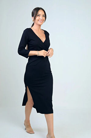 Kadın Kruvaze Yaka Toka Detaylı Yırtmaçlı Midi Elbise