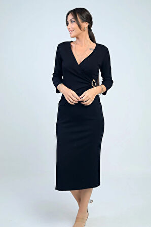 Kadın Kruvaze Yaka Toka Detaylı Yırtmaçlı Midi Elbise