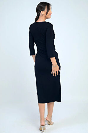 Kadın Kruvaze Yaka Toka Detaylı Yırtmaçlı Midi Elbise