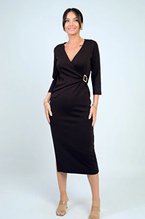 Kadın Kruvaze Yaka Toka Detaylı Yırtmaçlı Midi Elbise