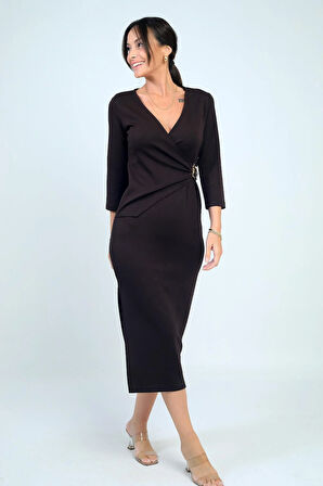 Kadın Kruvaze Yaka Toka Detaylı Yırtmaçlı Midi Elbise